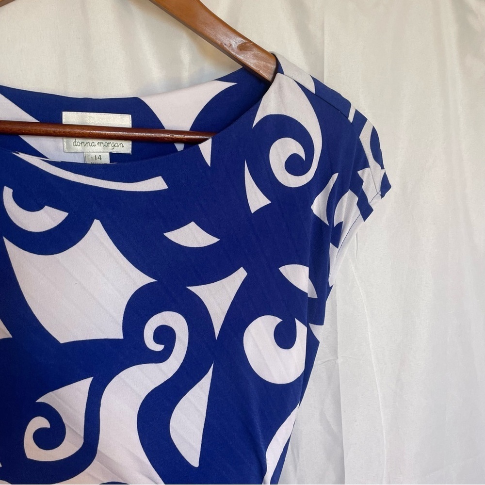 DONNA MORGAN Women’s Blue White Swirl Pencil Dress‎ Ruche Cap Sleeve Size 14 NWT - Picture 6 of 13